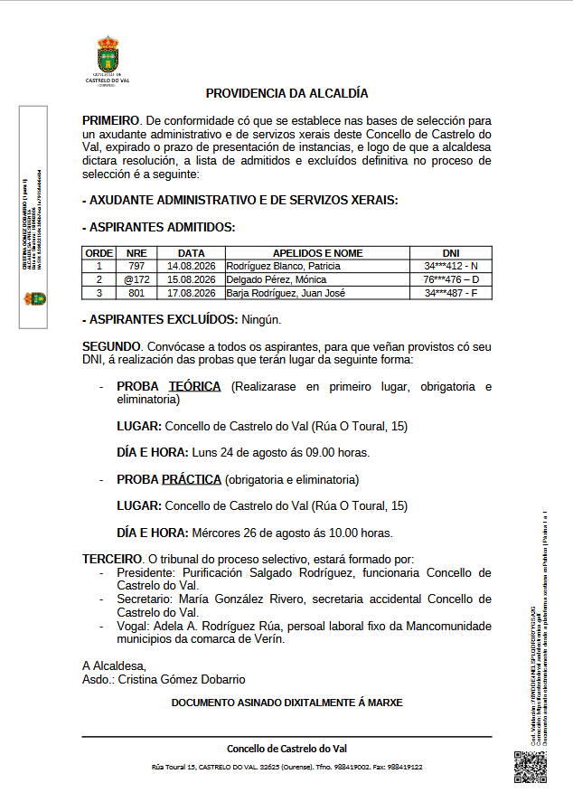 Listaxe de admitidos e excluídos da selección dun axudante administrativo e de servizos xerais do Concello de Castrelo do Val, mediante o sistema de Concurso-Oposición.