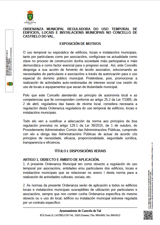 Ordenanza municipal reguladora do uso temporal de edificios, locais e instalacións municipais no Concello de Castrelo do Val.
