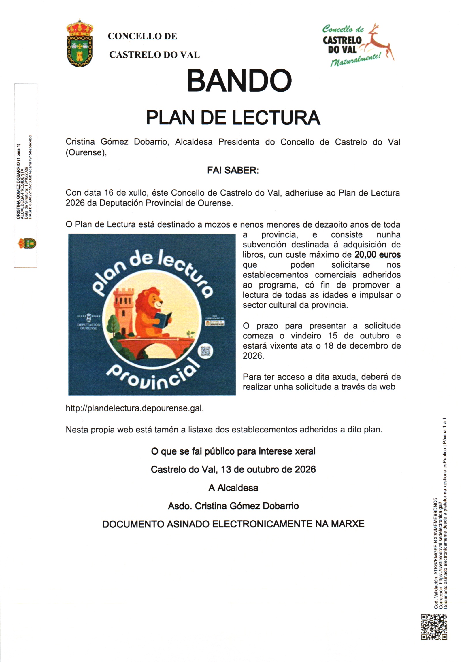 O Concello de Castrelo do Val, adheriuse ao Plan de Lectura 2026 da Deputación Provincial de Ourense