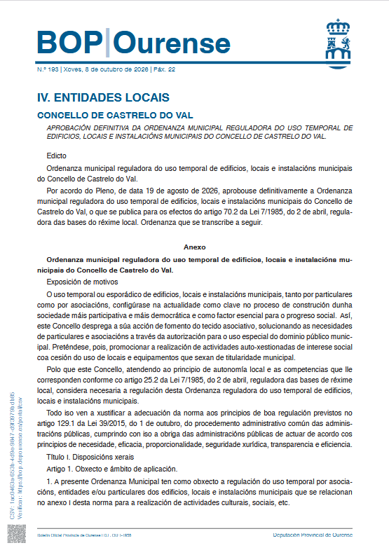 Aprobación da ordenanza municipal reguladora do uso temporal de edificios, locais e instalacións do Concello de Castrelo do Val
